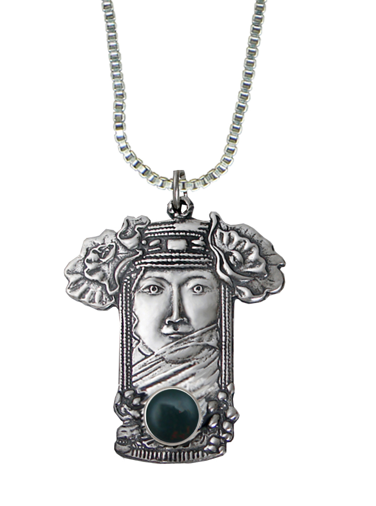 Sterling Silver Veiled Woman Maiden Pendant With Bloodstone